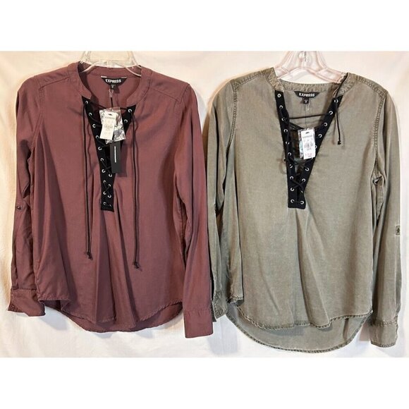 Express Two Lace-up Front Roll Tab Sleeve Shirts Peasant XS NWT Sage & Rose - Picture 1 of 11
